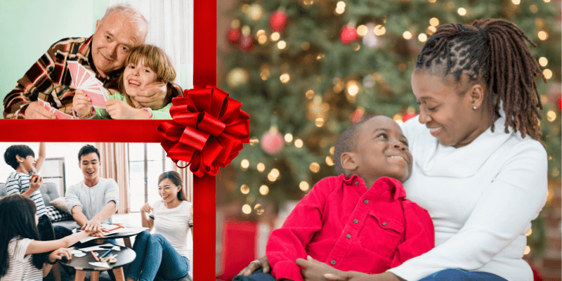 Images of families spending time together, wrapped with a red bow