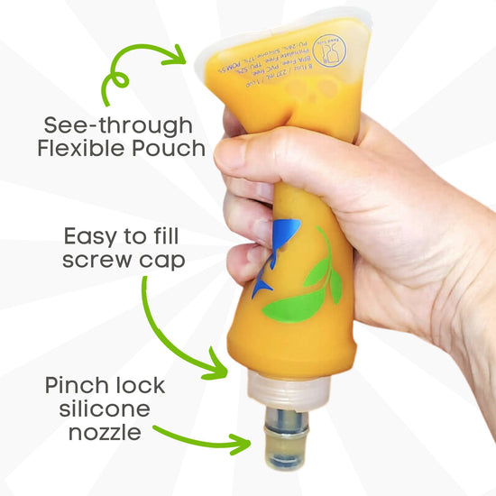 Rejuiceable Juice Pouches are made with a see-through, flexible material, have an easy to fill screw cap, and a silicone pinch lock nozzle
