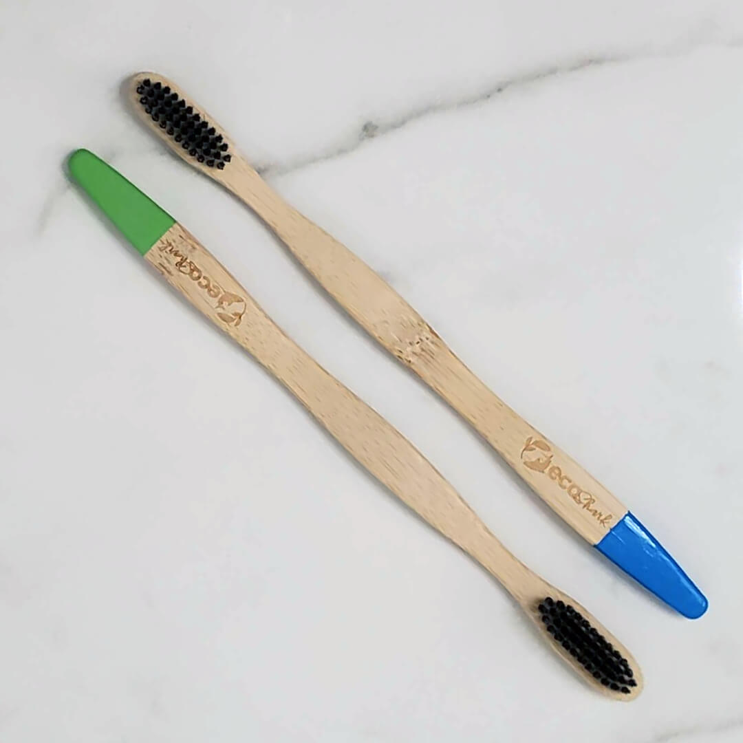 Eco Shark sustainable bamboo toothbrushes for adults in ocean blue and eco green