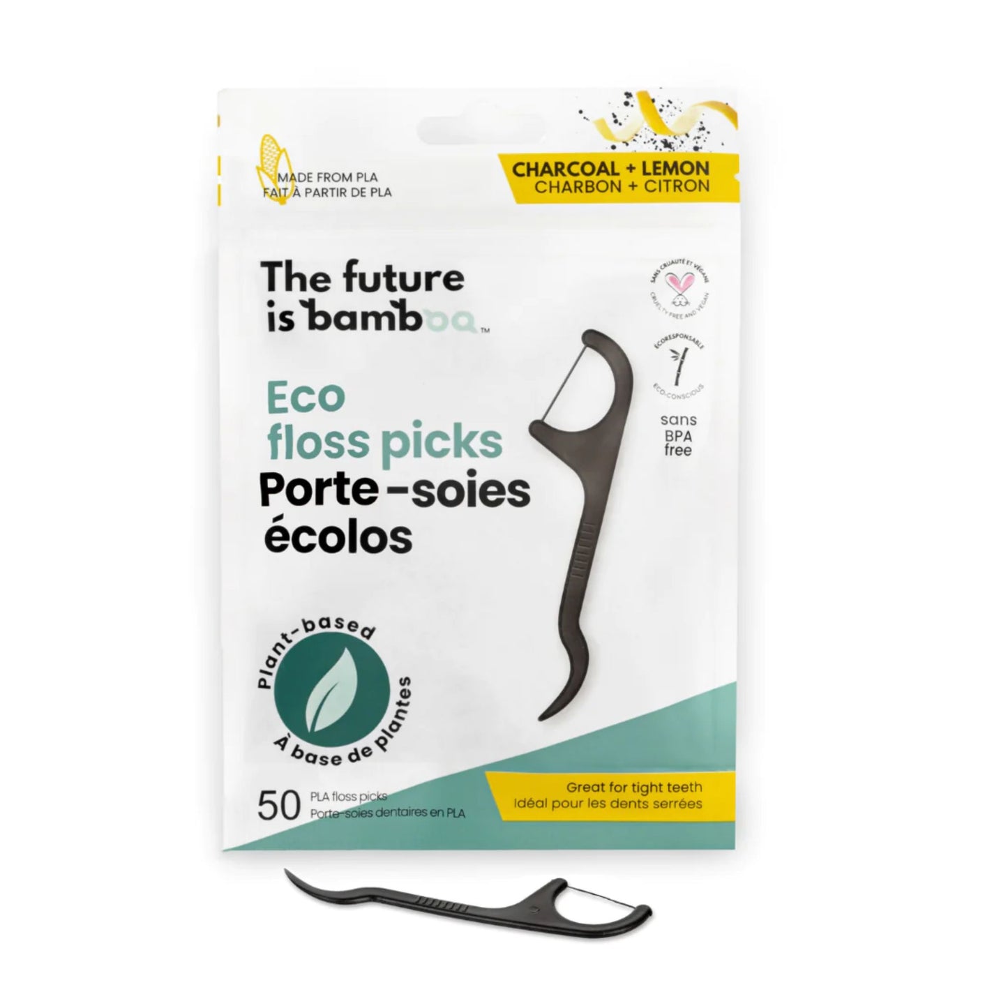 Compostable package of PLA Dental floss picks by the Future is Bamboo in Lemon Charcoal