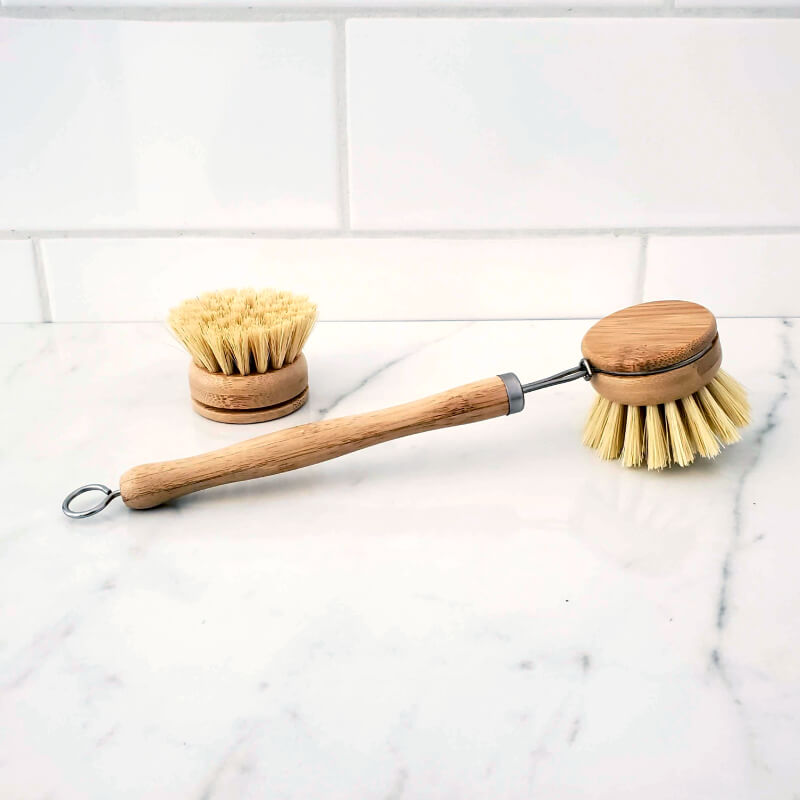Reusable kitchen dish brush with handle and replaceable scrubbing head