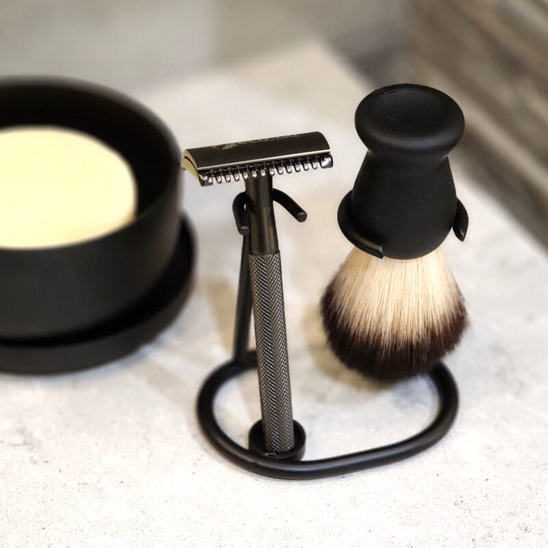 Minimalist design for our matte black stainless steel shaving stand matches any style