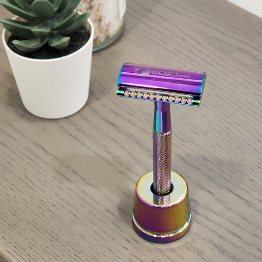 Eco friendly shaving with fun rainbow safety razor for men and women