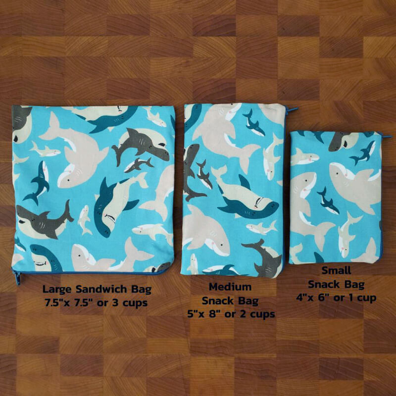 3 sizes of fabric zipper sandwich and snack bags, reusable shark pattern for kids and fun adults. For zero waste lunch