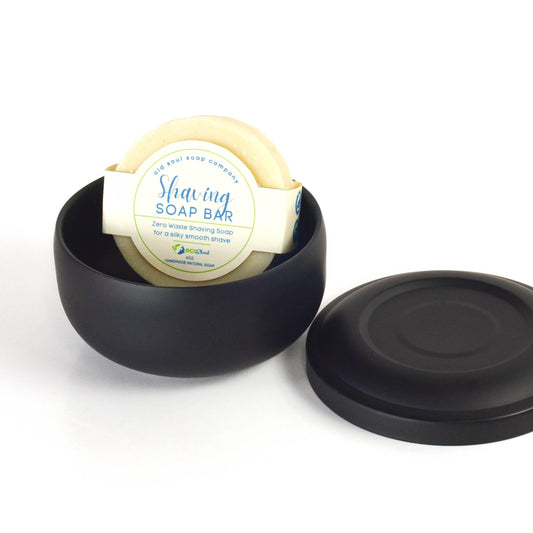 Matte Black stainless steel shaving bowl with lid, and hand crafted solid shaving soap