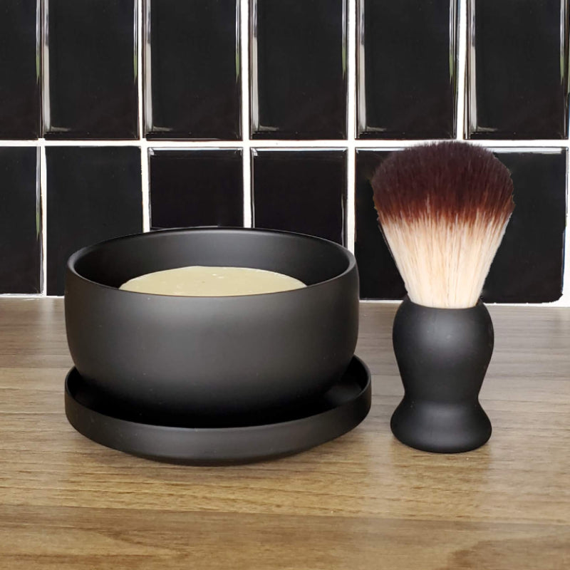 Cruelty free shaving lather brush with matte black stainless steel shaving soap bowl, and hand crafted artisanal shaving soap