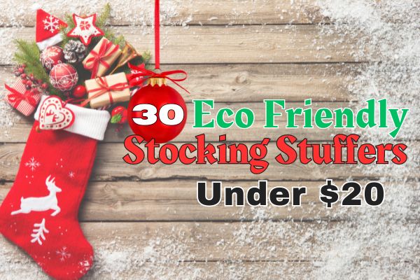 A christmas stocking and text reading 30 Eco Friendly Stocking Stuffers Under $20