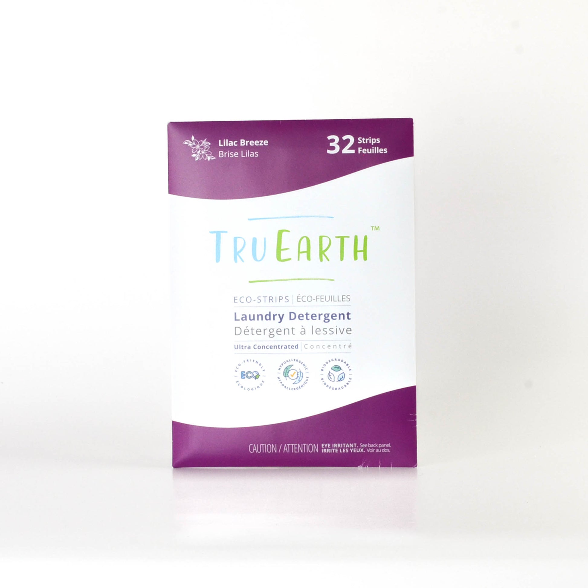 Biodegradable Tru Earth laundry detergent strips in fresh lilac scent