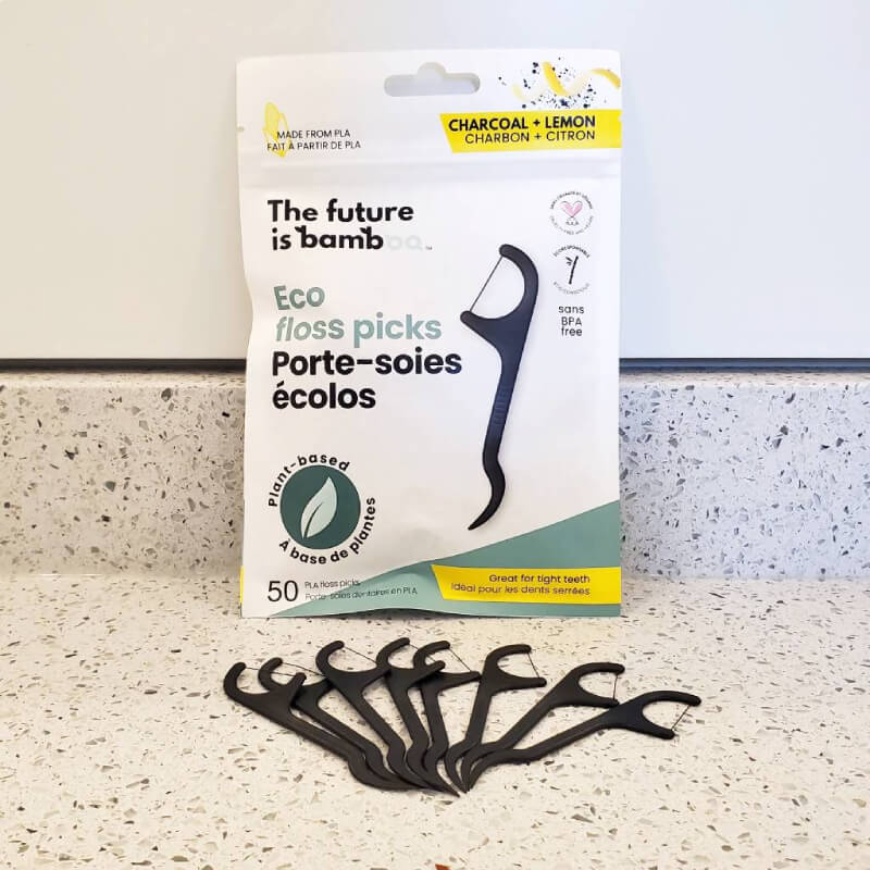 Charcoal Lemon flavoured Eco Dental Floss Picks made from plants not plastic
