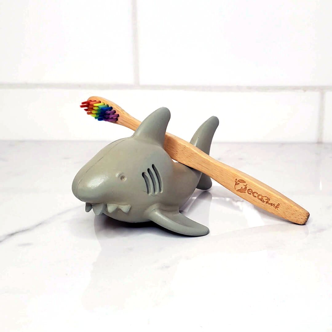 Eco Shark bamboo toothbrushes for kids with W shaped rainbow soft bristles