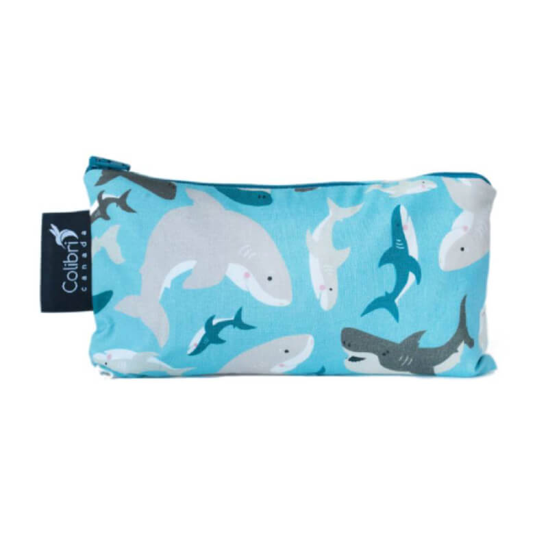 Reusable zipper fabric snack bag in medium. Fun shark pattern for cool kids and adults boomerang lunches